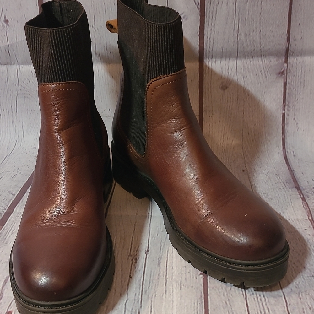 NEW Womens Size 9 Brown Leather Moto Boots Pull On Chunky